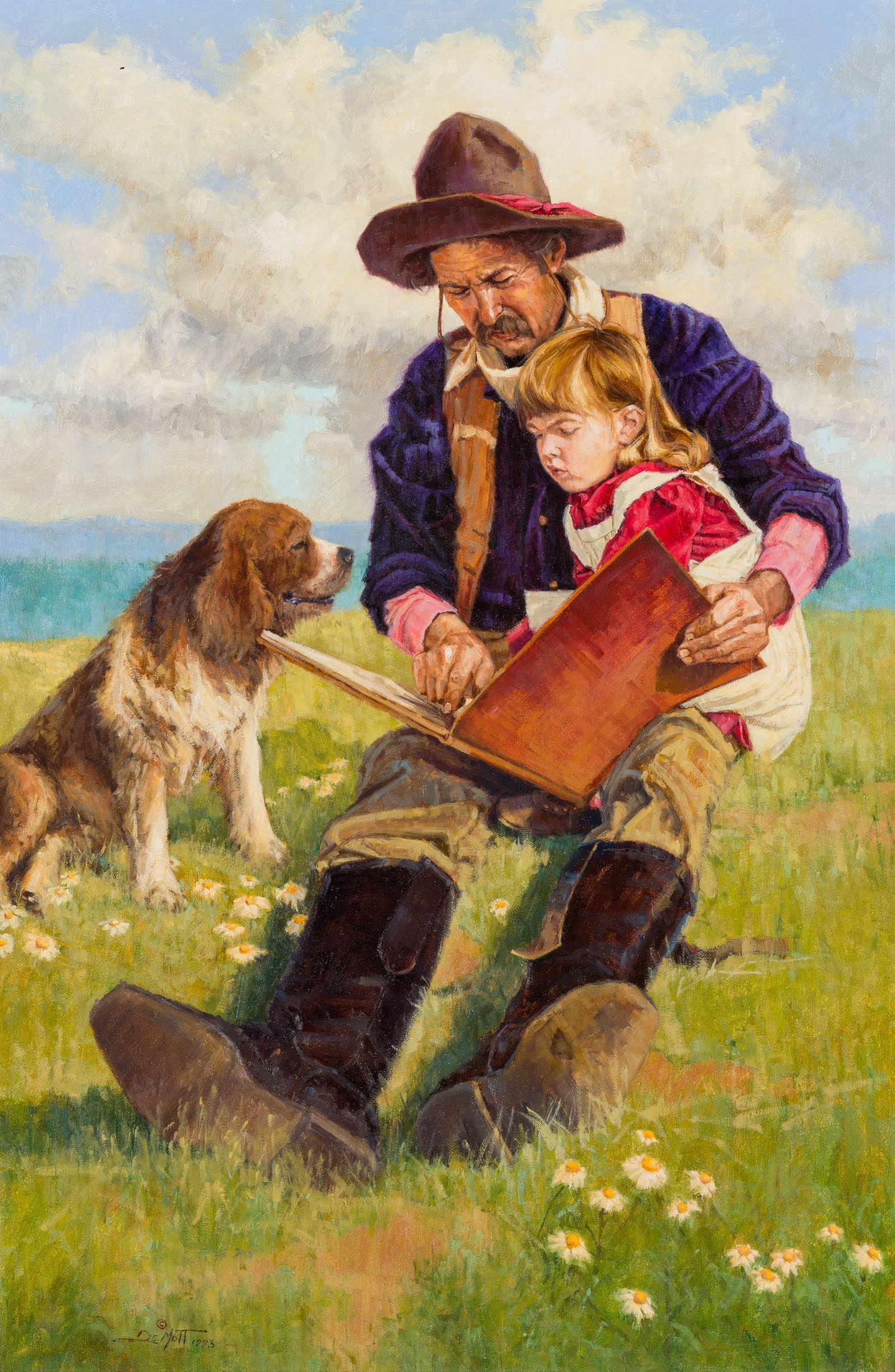 John DeMott Cowboy Reading to Girl, 1993: John DeMott (American, b. 1957) Cowboy Reading to Girl, 1993 Oil on canvas 36 x 24 (in) 46.25 x 34.25 x 2.75 (in) framed Signed and dated ? DeMott 1993, lower left $1,000 - $2,000 Signed and dated in