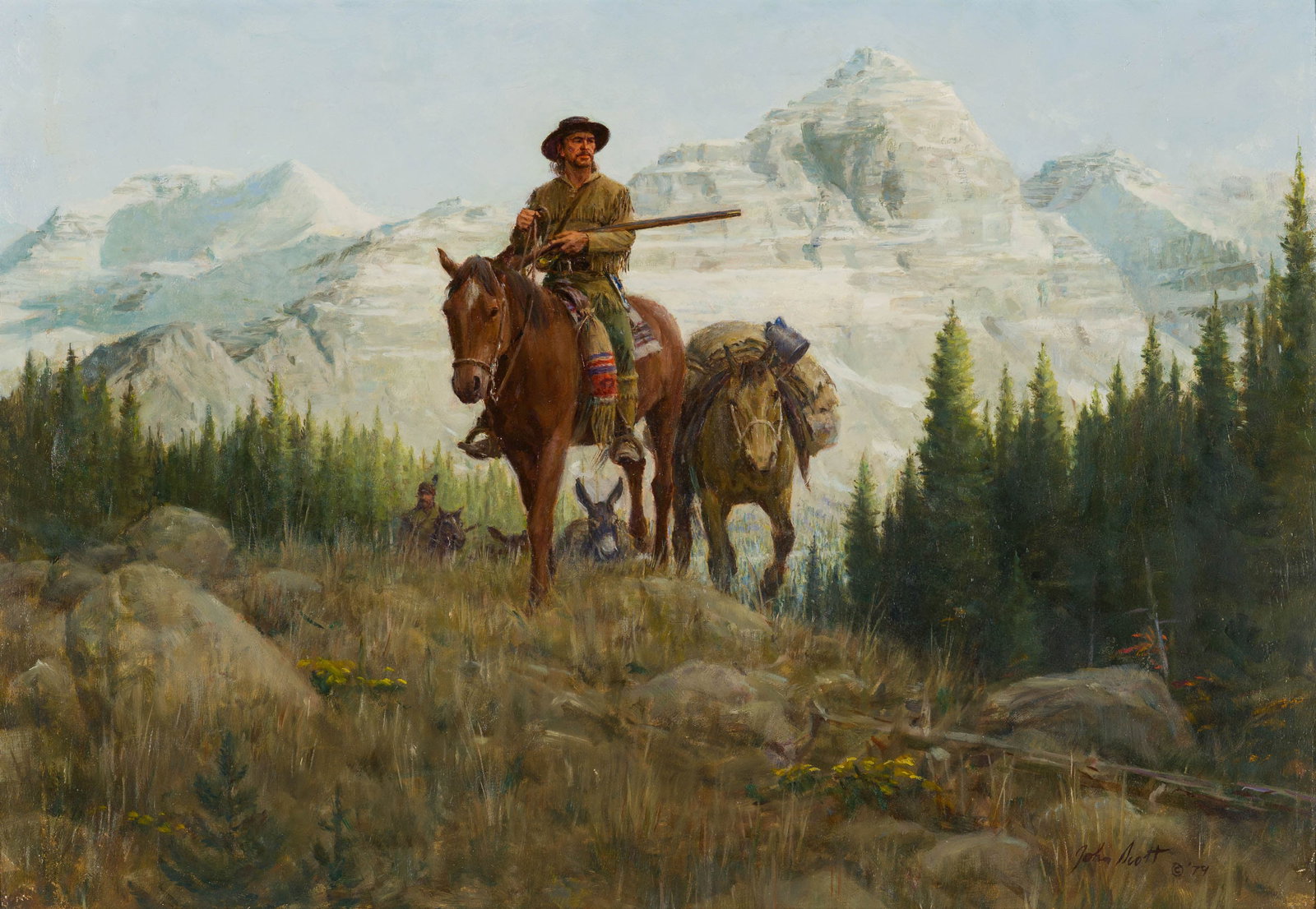 John Walter Scott Heading for High Country, 1979: John Walter Scott (American, 1907-1987) Heading for High Country, 1979 Oil on board 18 x 26 (in) 24.75 x 32.75 x 1.5 (in) framed Signed and dated John Scott ? '79, lower right $2,000 - $4,000 Jim Fowl