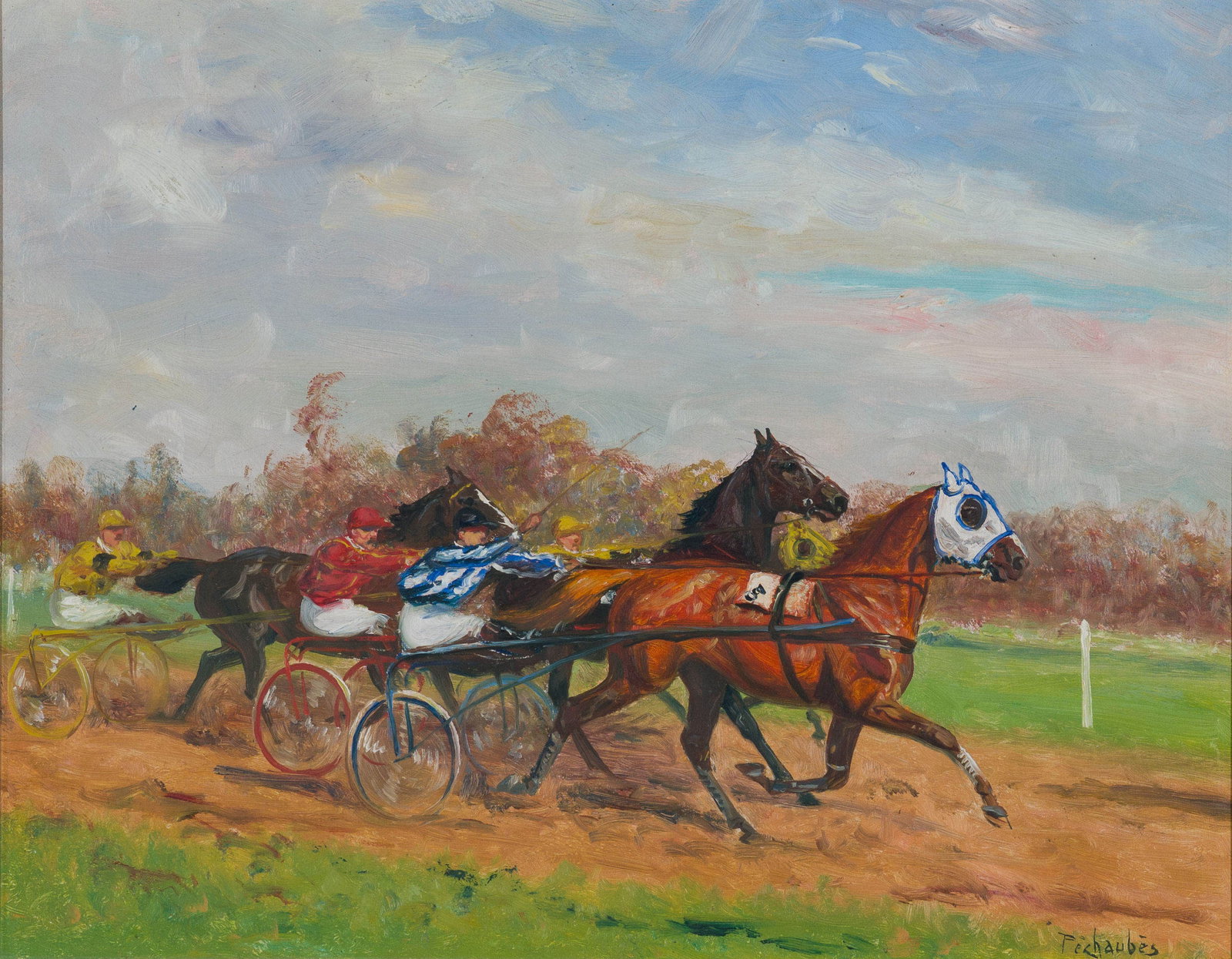 Eugene Pechaubes Trotters: Eugene Pechaubes (French, 1890-1967) Trotters Oil on board 10.25 x 13 (in) 19.75 x 21.75 x 0.75 (in) framed Signed Pechaubes, lower right $500 - $1,000