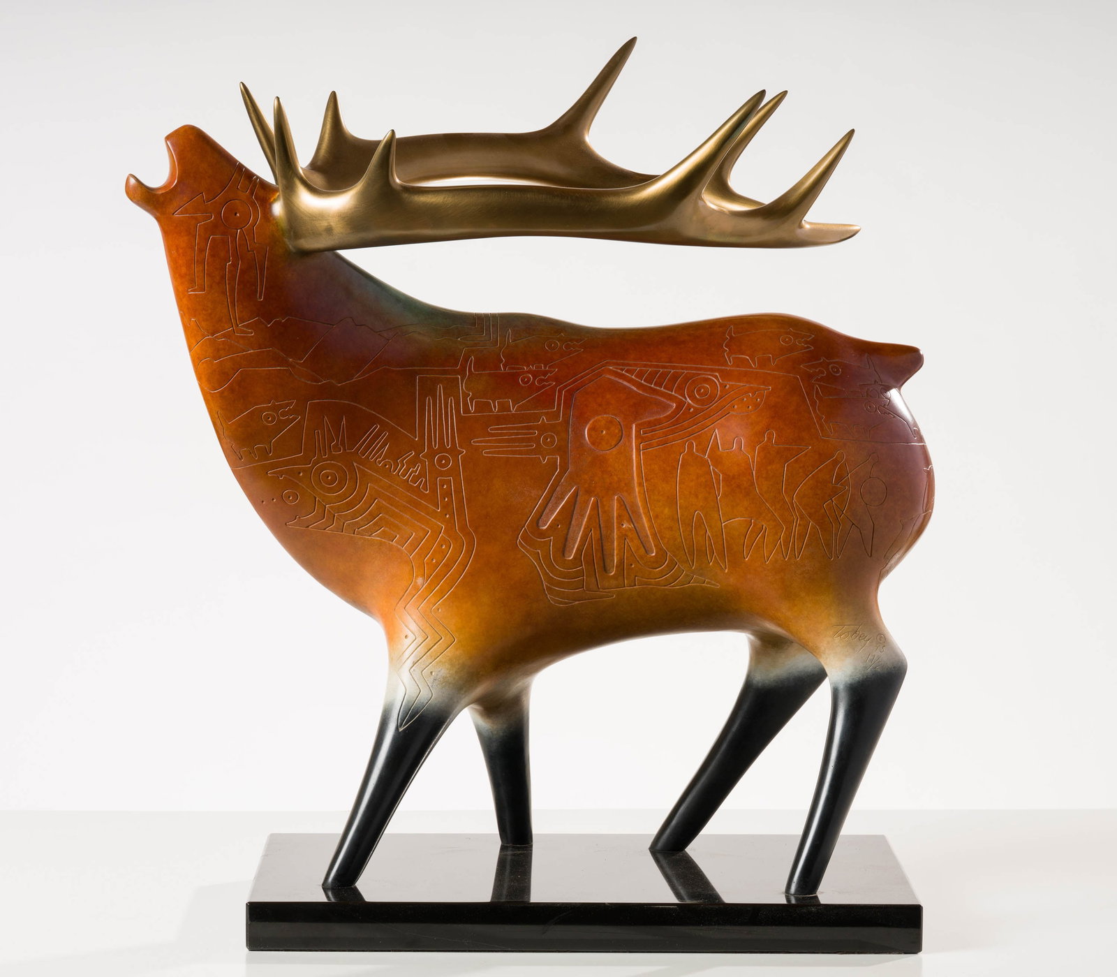 Gene & Rebecca Tobey Medicine Bow, 1995: Gene & Rebecca Tobey (American, 1945-2006; b. 1948) Medicine Bow, 1995 Bronze with patinas on stone plinth ed. 11 of 20 30 x 27 x 15.25 (in) Incised Tobey ? 95, side of back leg $4,000 - $6,000 SF fou