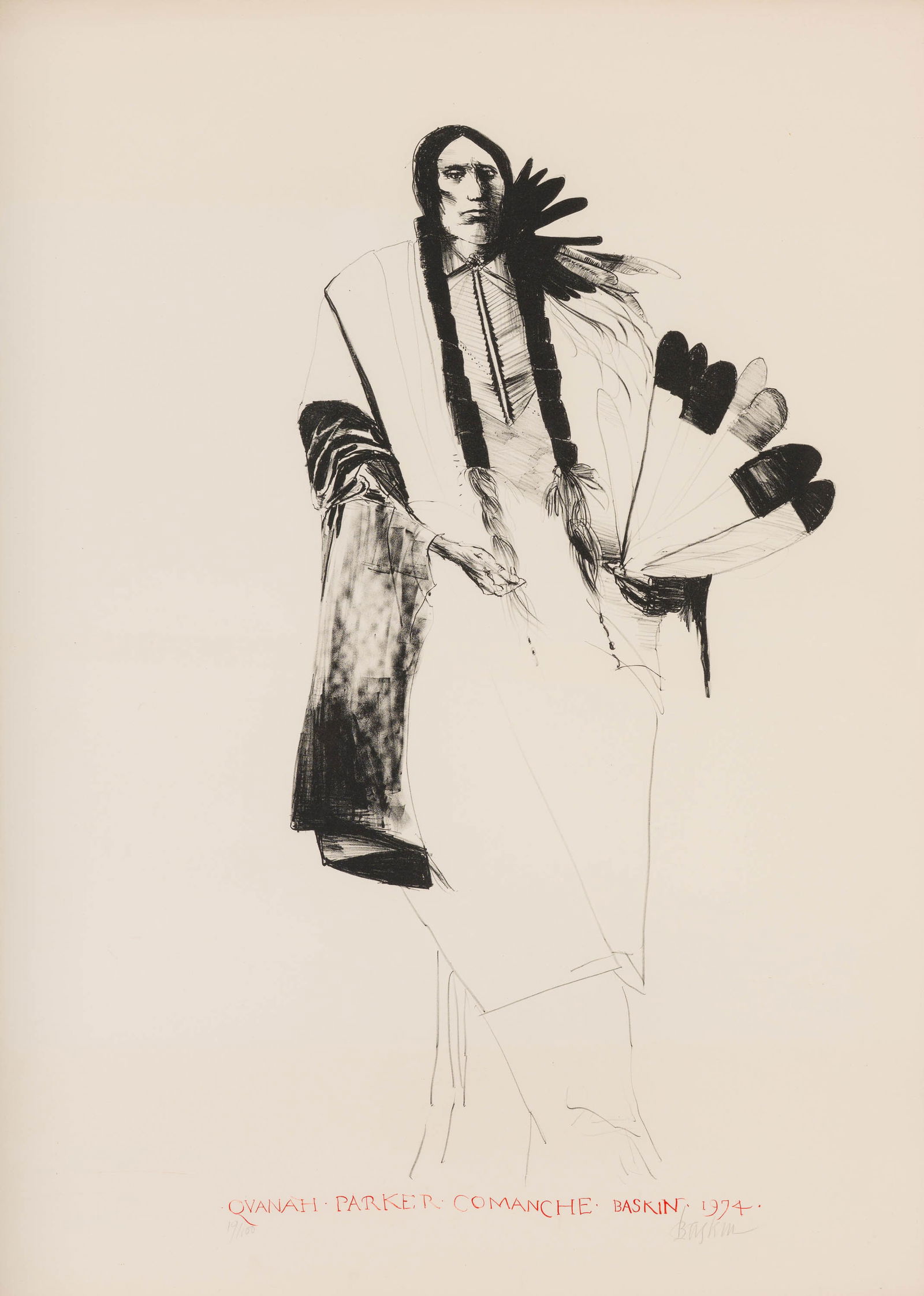 Leonard Baskin Quanah Parker Comanche (F. & O. 643), 1974: Leonard Baskin (American, 1922-2000) Quanah Parker Comanche (F. & O. 643), 1974 Lithograph on cream wove Velin d'Arches ed. 19 of 100 41.5 x 29.75 (in) Signed Baskin in pencil, lower right $300 -