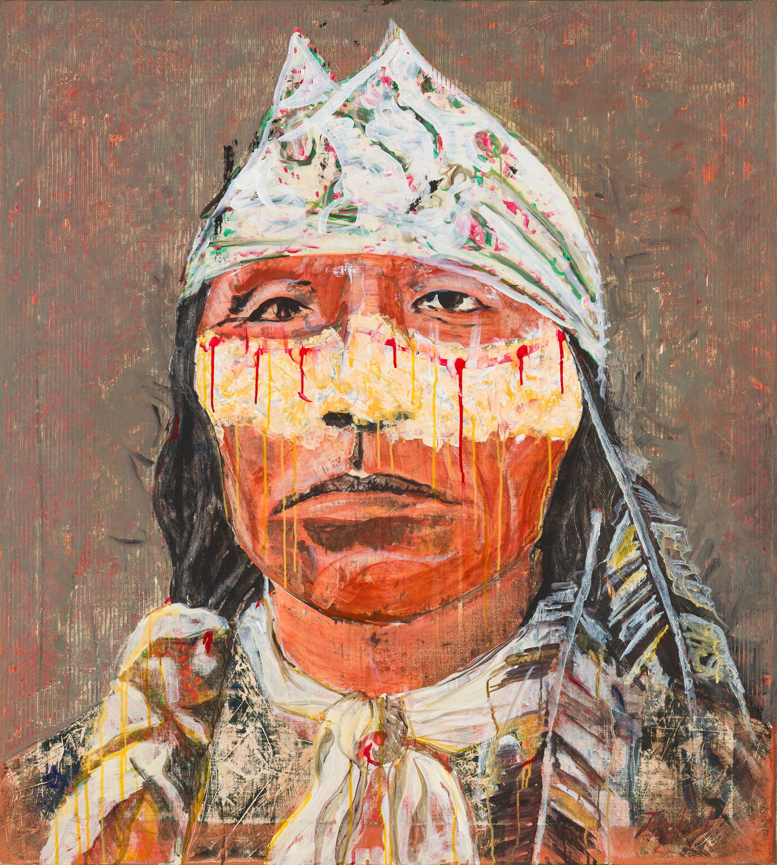 Tomas Lasansky Indian with Scarf Headdress: Tomas Lasansky (American, b. 1957) Indian with Scarf Headdress Acrylic on canvas 50 x 45 (in) Signed Tomas Lasansky, lower right $2,000 - $4,000 Notation in red pen AP, verso.