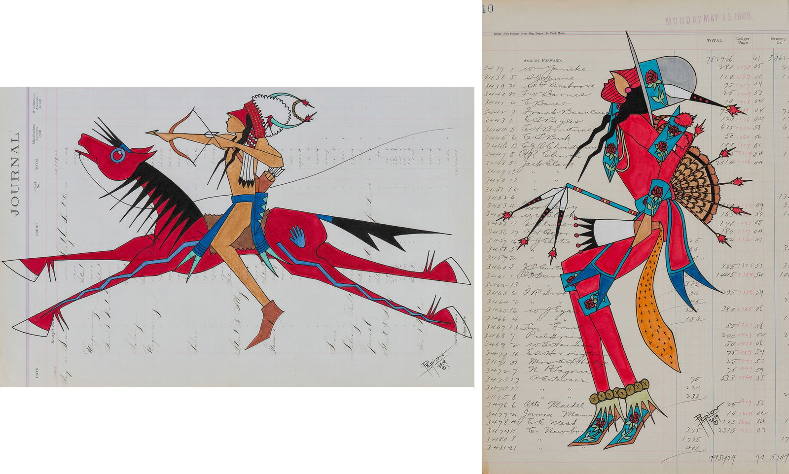 John Pepion (2) Blackfoot Dancer & Blackfoot Warrior, 2019: John Pepion (Native American, b. 1983) (2) Blackfoot Dancer & Blackfoot Warrior, 2019 Ink and acrylic on antique ledger paper 17 x 11 (in) 21.5 x 17.5 x 0.75 (in) framed Signed and dated in pen