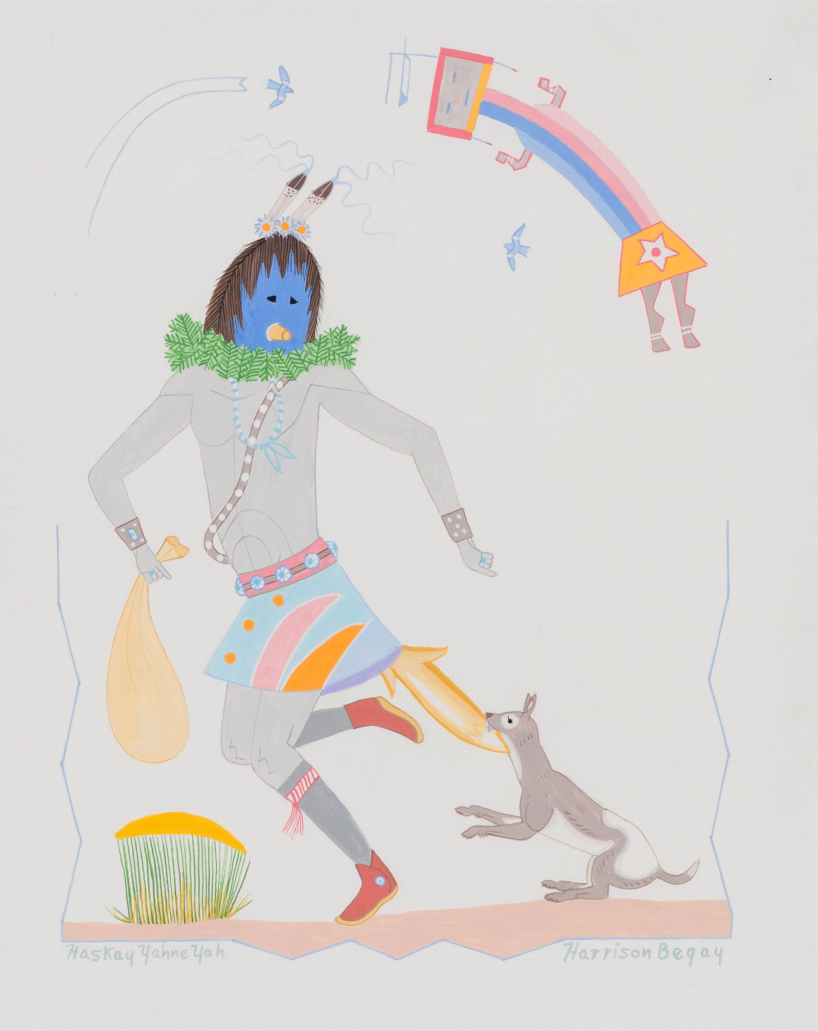 Harrison Begay Untitled: Harrison Begay (Native American, 1914-2012) Untitled Colored pencil and tempera on paper 13.25 x 10.5 (in) 20.25 x 17.25 x 0.75 (in) framed Signed Harrison Begay, lower right; signed Haskay Yayne