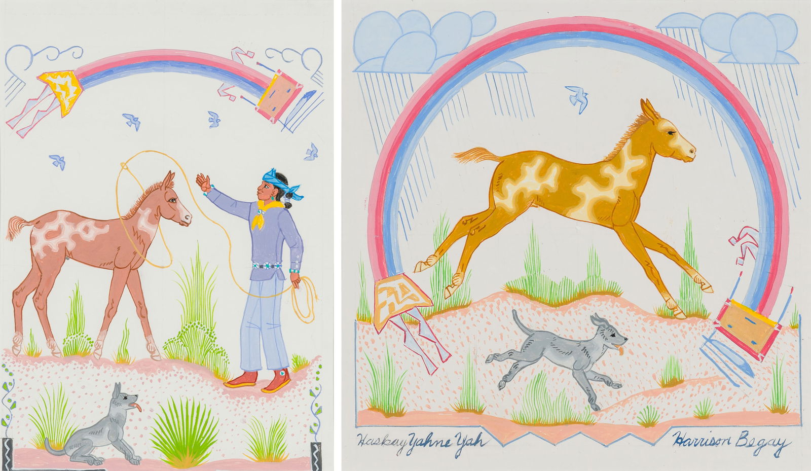 Harrison Begay (2) Untitled Works: Harrison Begay (Native American, 1914-2012) (2) Untitled Works Colored pencil and tempera on paper 12.5 x 9 (in) 22.75 x 19.25 x 1.5 (in) framed (1) Unsigned; (1) Signed in colored pencil Harrison