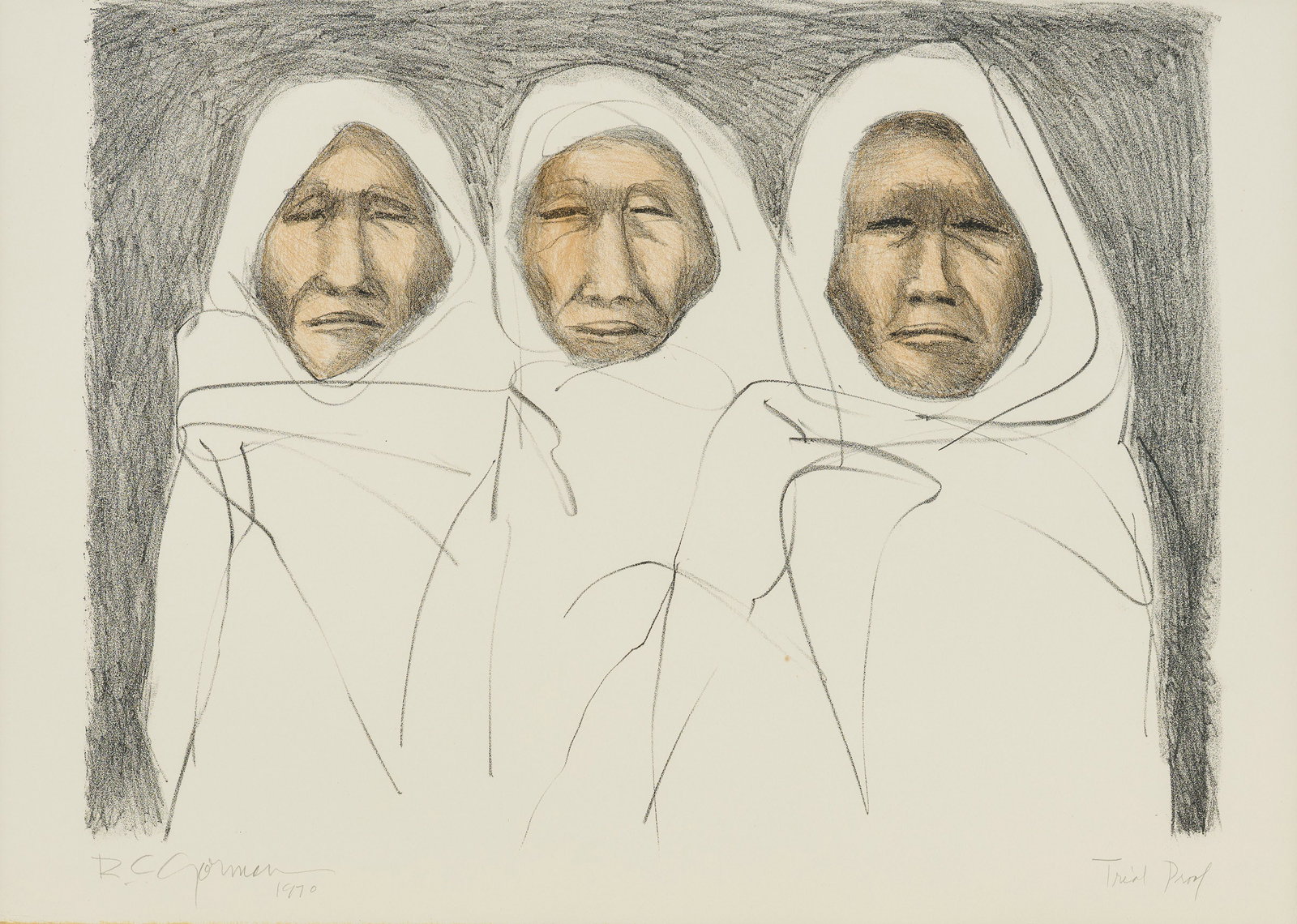 R.C. Gorman Three Taos Men, 1970: R.C. Gorman (Native American, 1931-2005) Three Taos Men, 1970 Lithograph on paper Trial Proof from an ed. of 100 19.5 x 27.5 (in) 38 x 35.75 x 1 (in) framed Signed and dated in pencil R.C. Gorman 1970