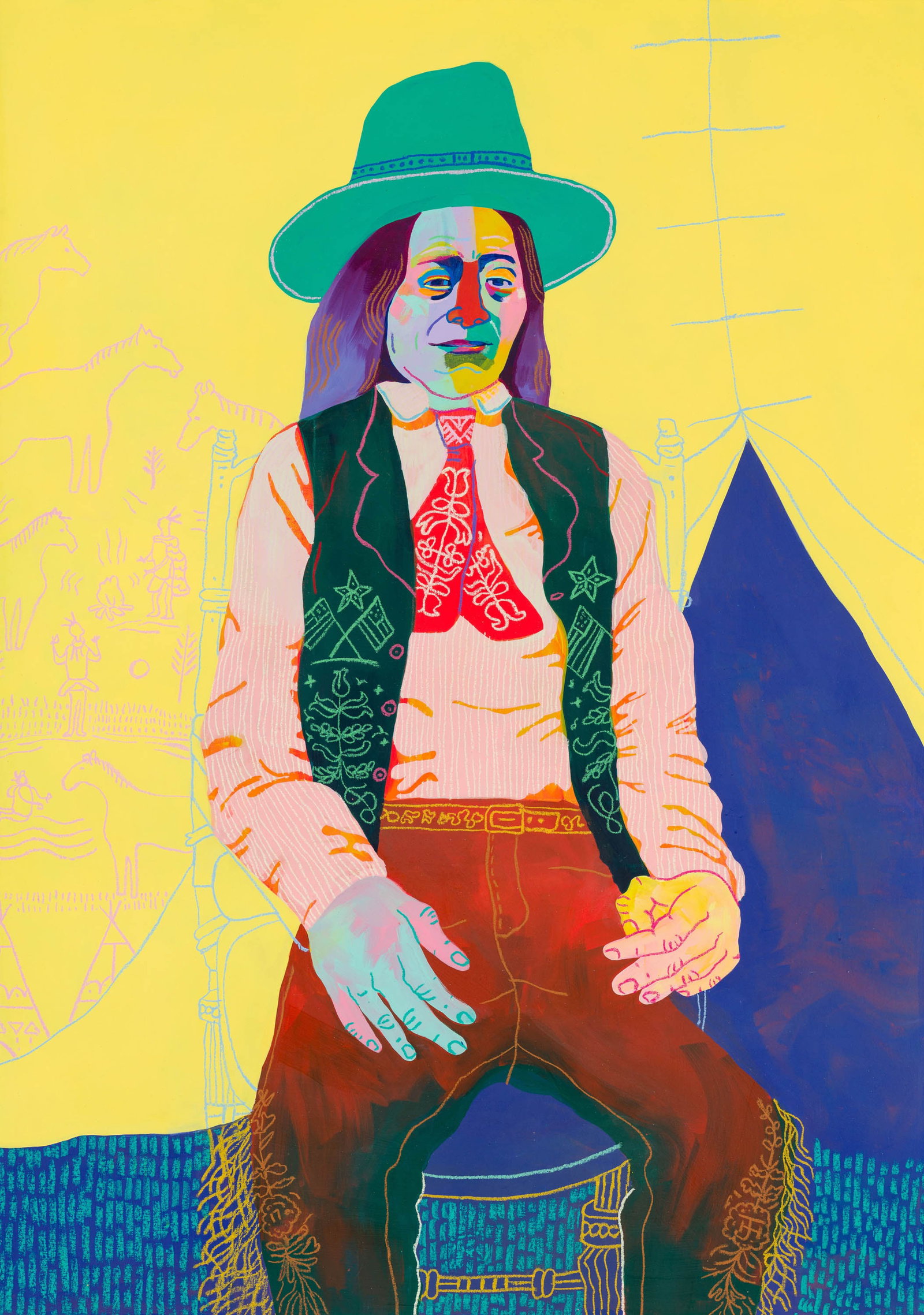 John Holcomb Sitting Chief 1900, 2017: John Holcomb (American, 20th Century) Sitting Chief 1900, 2017 Acrylic, spray paint, and oil pastel on canvas 68 x 48 (in) 70.25 x 50 x 2.5 (in) framed Branded John Holcomb 3-2017, verso $1,000 - $2,0