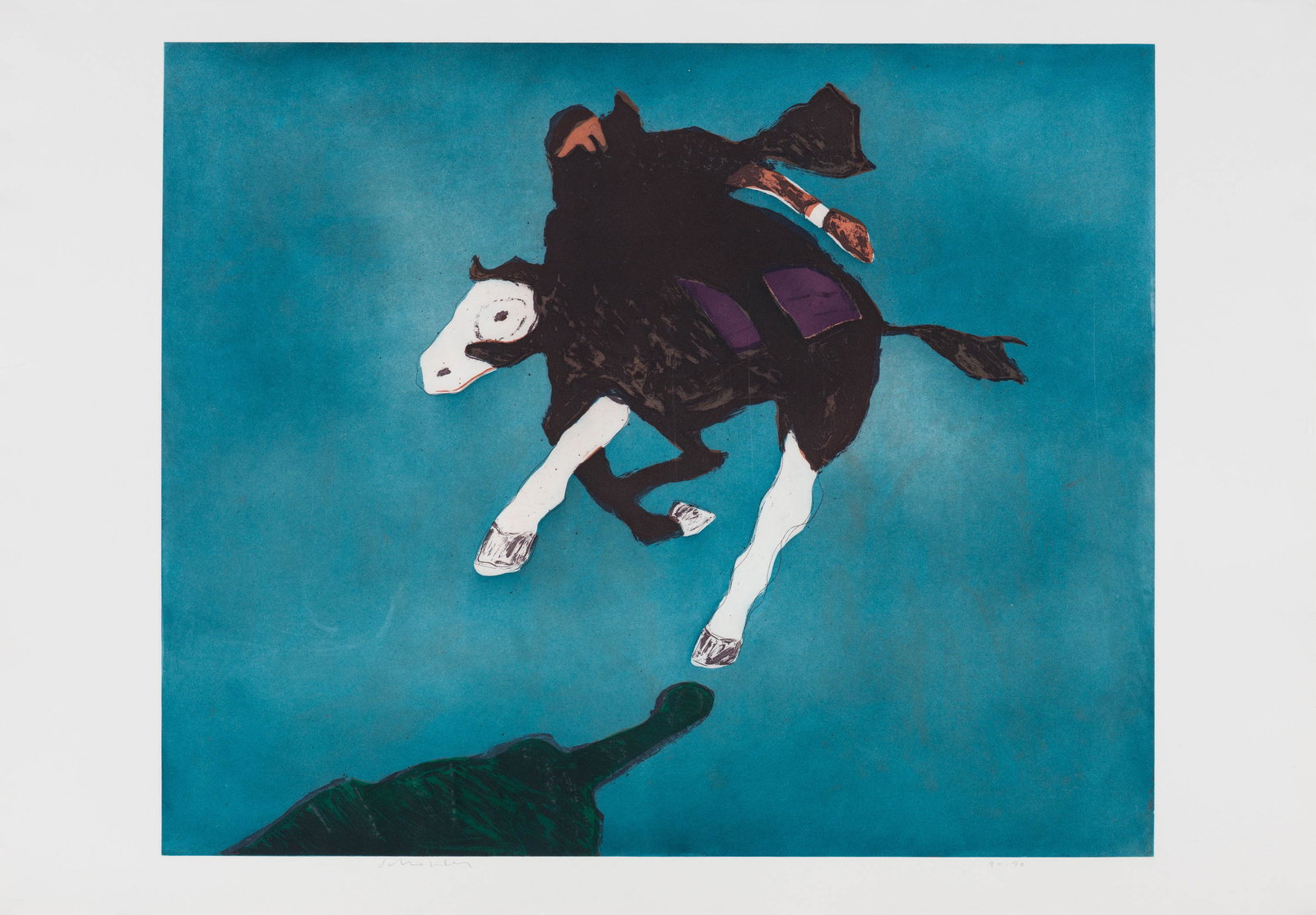 Fritz Scholder Galloping Indian After Leigh, 1978: Fritz Scholder (Native American, 1937-2005) Galloping Indian After Leigh, 1978 Etching and aquatint on Magnani paper ed. 90 of 90 44 x 63 (in) 47.25 x 66.25 x 1.5 (in) framed Signed in pencil Scholder