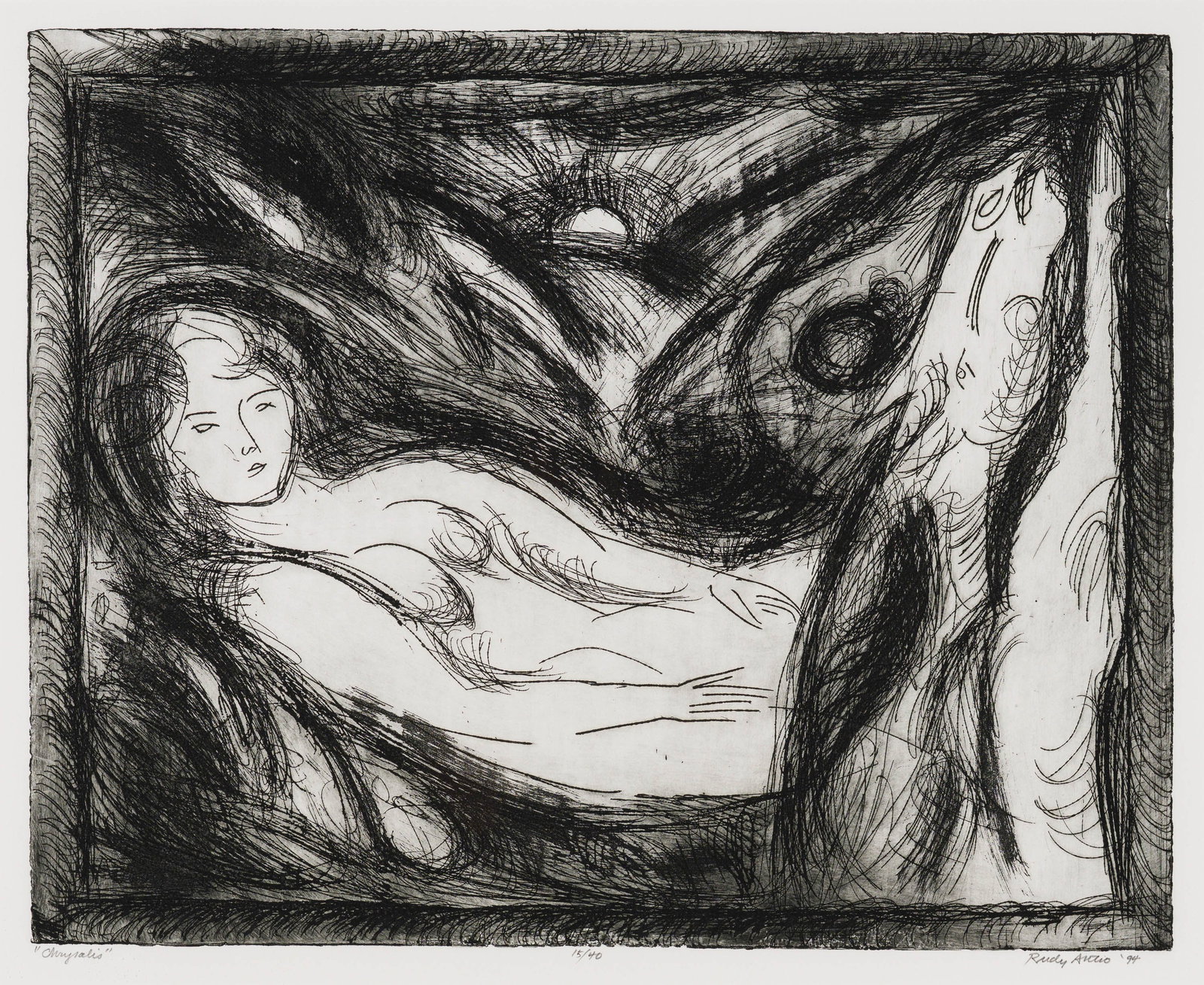 Rudy Autio Chrysalis, 1994: Rudy Autio (American, 1926-2007) Chrysalis, 1994 Etching on paper ed. 15 of 40 20.25 x 25 (in) 28 x 32 x 1 (in) Framed Signed and dated in pencil Rudy Autio '94, lower right Titled in pencil, lo