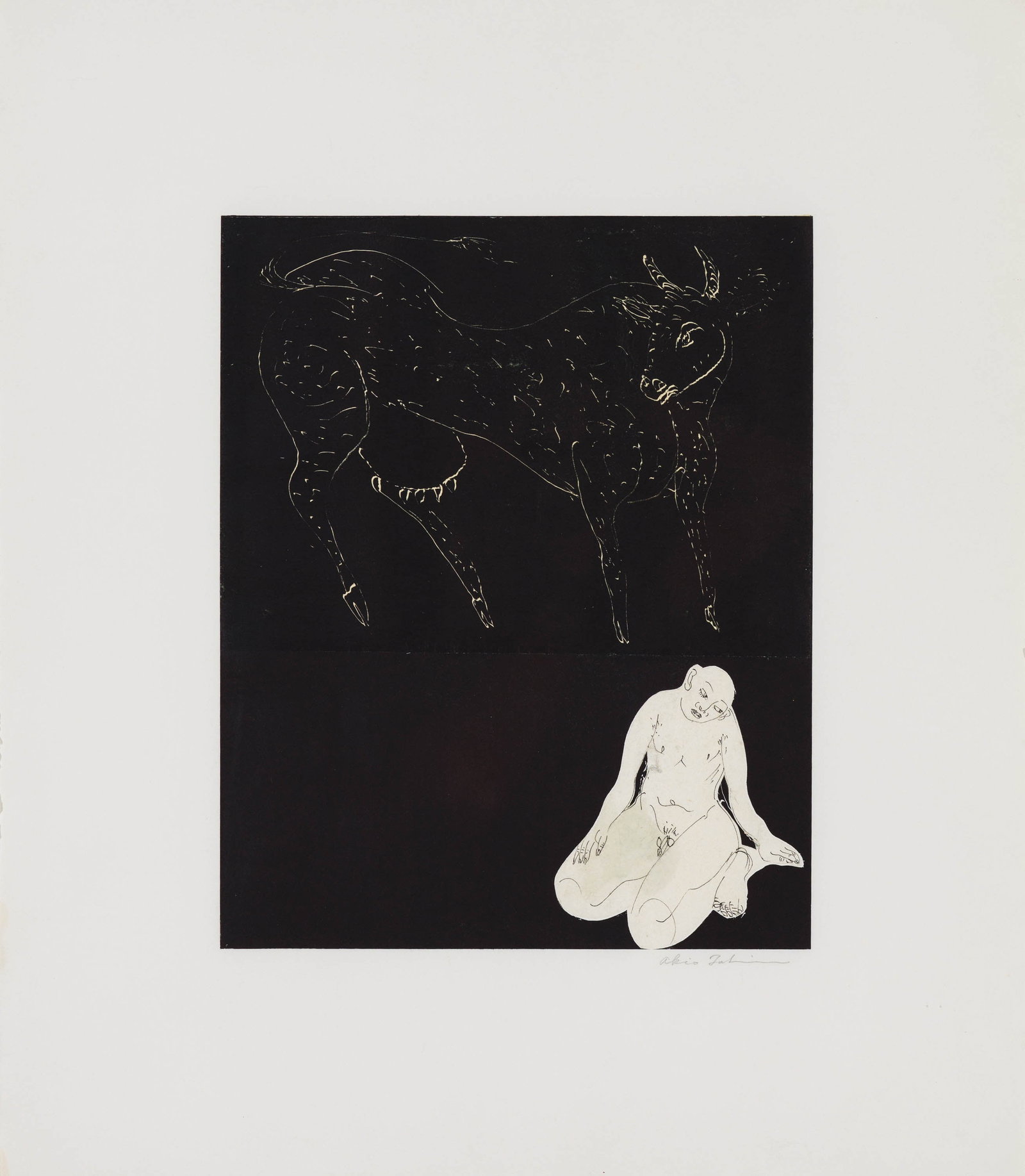 Akio Takamori Untitled (Cow and Nude): Akio Takamori (Japanese, American, 1950-2017) Untitled (Cow and Nude) Monotype with collage on Arches paper 25.5 x 22.5 (in) 29.5 x 26 x 1.25 (in) Framed Signed in pencil Akio Takamori, lower right Im