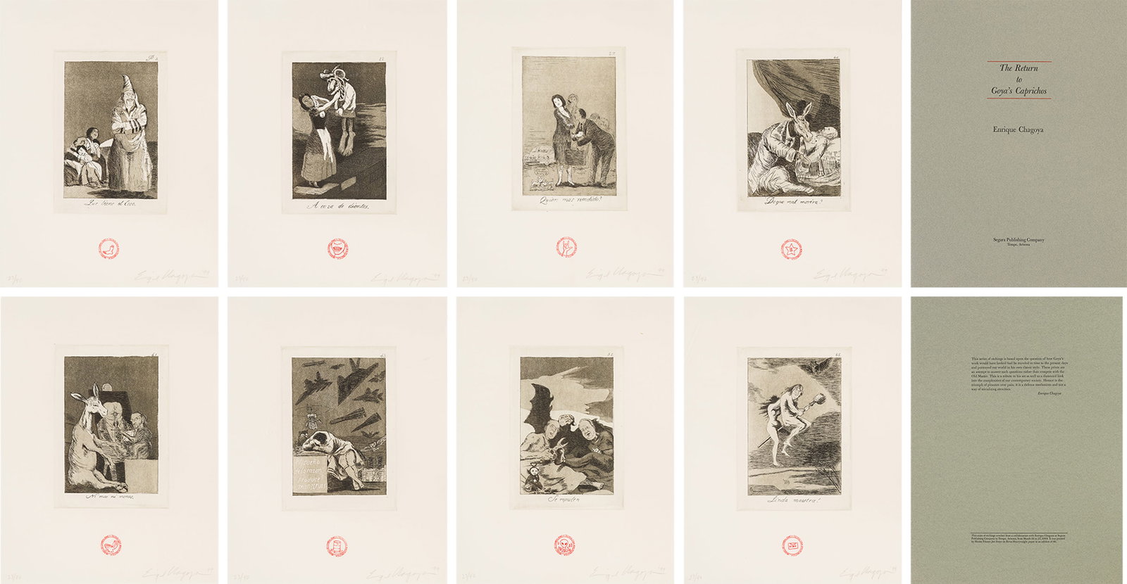 Enrique Chagoya (8) The Return to Goya's Caprichos Portfolio, 1999: Enrique Chagoya (Mexican, American, b. 1953) (8) The Return to Goya's Caprichos Portfolio, 1999 Etchings on Rives Heavyweight paper ed. 23 of 40 14.5 x 11 (in) 17.5 x 14 x 0.75 (in) Framed Signed and 