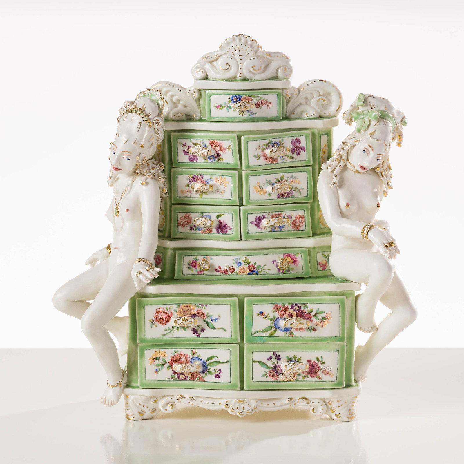 Chris Antemann Are You Jealous?, 2008: Chris Antemann (American, b. 1970) Are You Jealous?, 2008 Porcelain with decals and luster 13 x 12.25 x 6 (in) Signed and dated Antemann 2008, back Titled on artist's diagram stored in lower drawer.