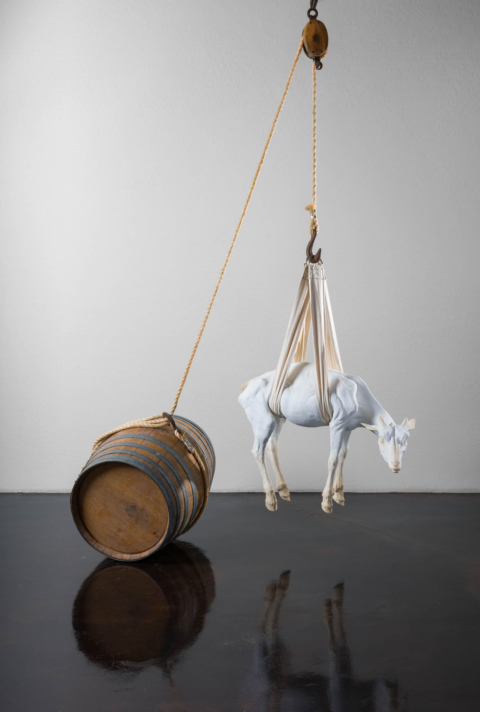 Beth Cavener Untitled (Barrel with Kid): Beth Cavener (American, b. 1972) Untitled (Barrel with Kid) Stoneware with acrylic, cloth, rope with iron, metal, and wood hardware with wooden barrel 128 x 80.25 x 43 (in) Unsigned Dimensions reflect