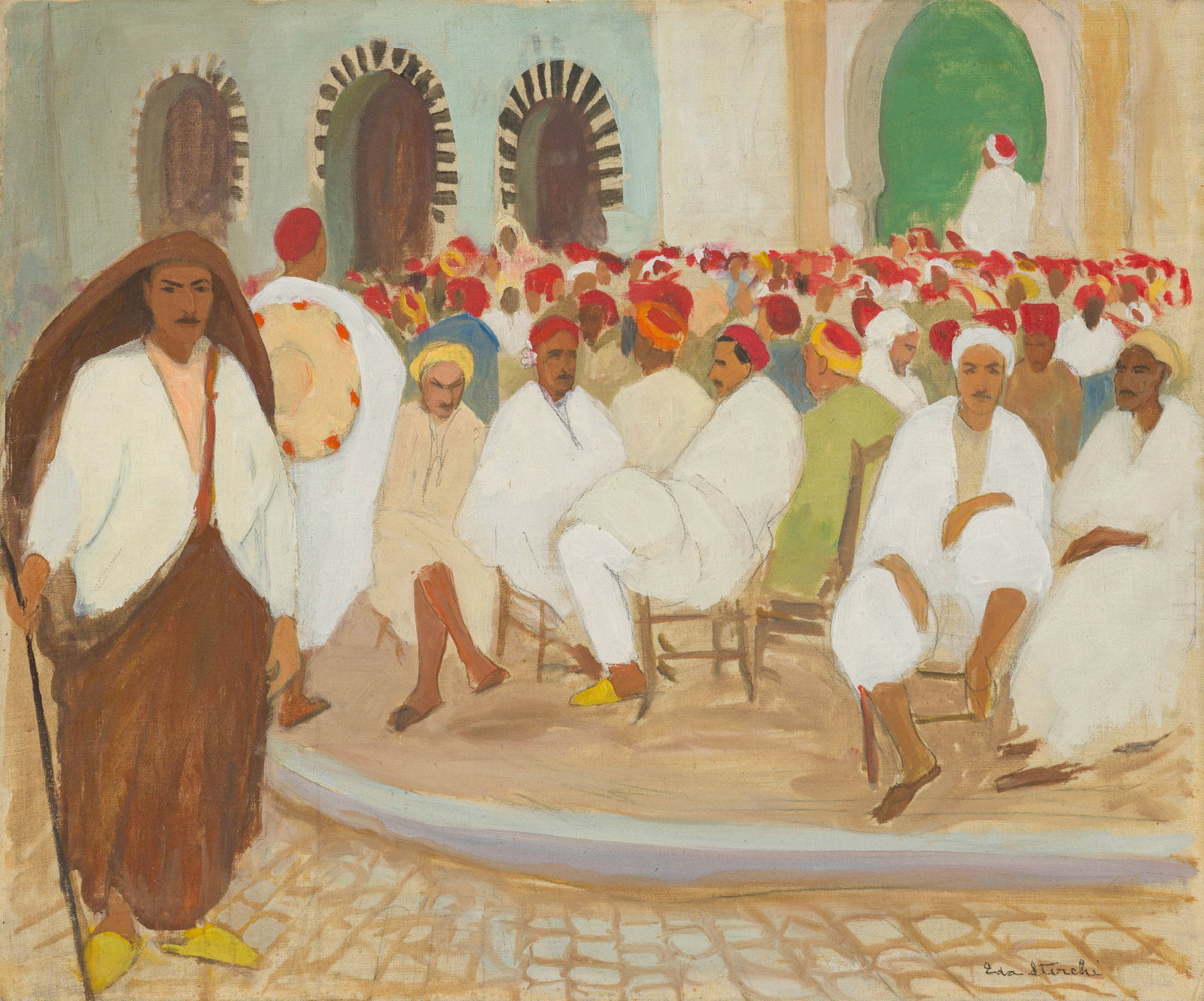 Eda Sterchi Café - Place Halfaouine, Tunis: Eda Sterchi (American, 1885-1969) Café - Place Halfaouine, Tunis Oil and pencil on canvas mounted on board 15 x 18 (in) Signed in pen Eda Sterchi, lower right Titled with artist's notations in pe