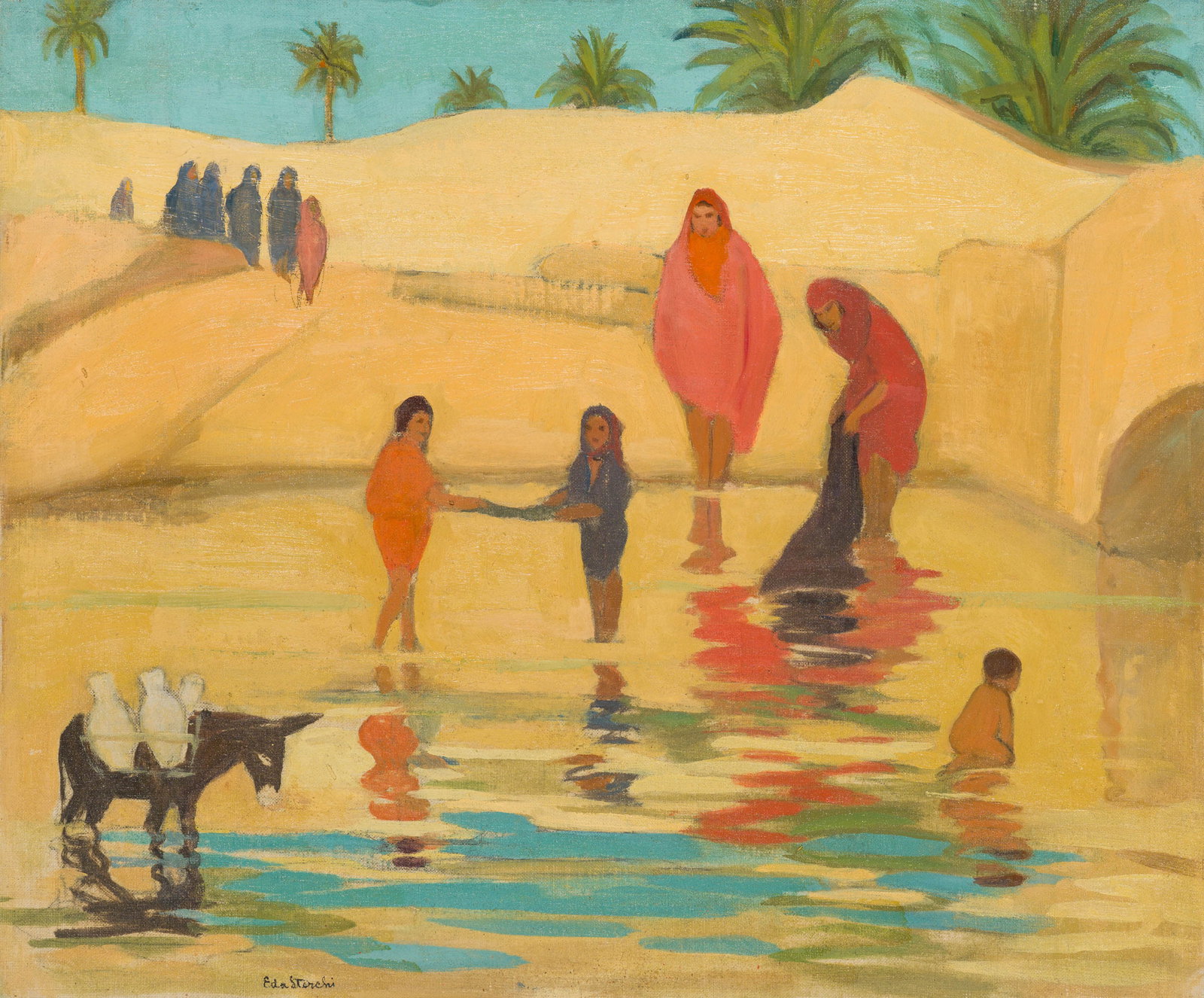 Eda Sterchi Laveuses - Nefta (no. 3), Tunisia: Eda Sterchi (American, 1885-1969) Laveuses - Nefta (no. 3), Tunisia Oil on canvas mounted on board 15 x 18 (in) Signed in pen Eda Sterchi, lower left Titled with artist's notations in pencil, verso.
