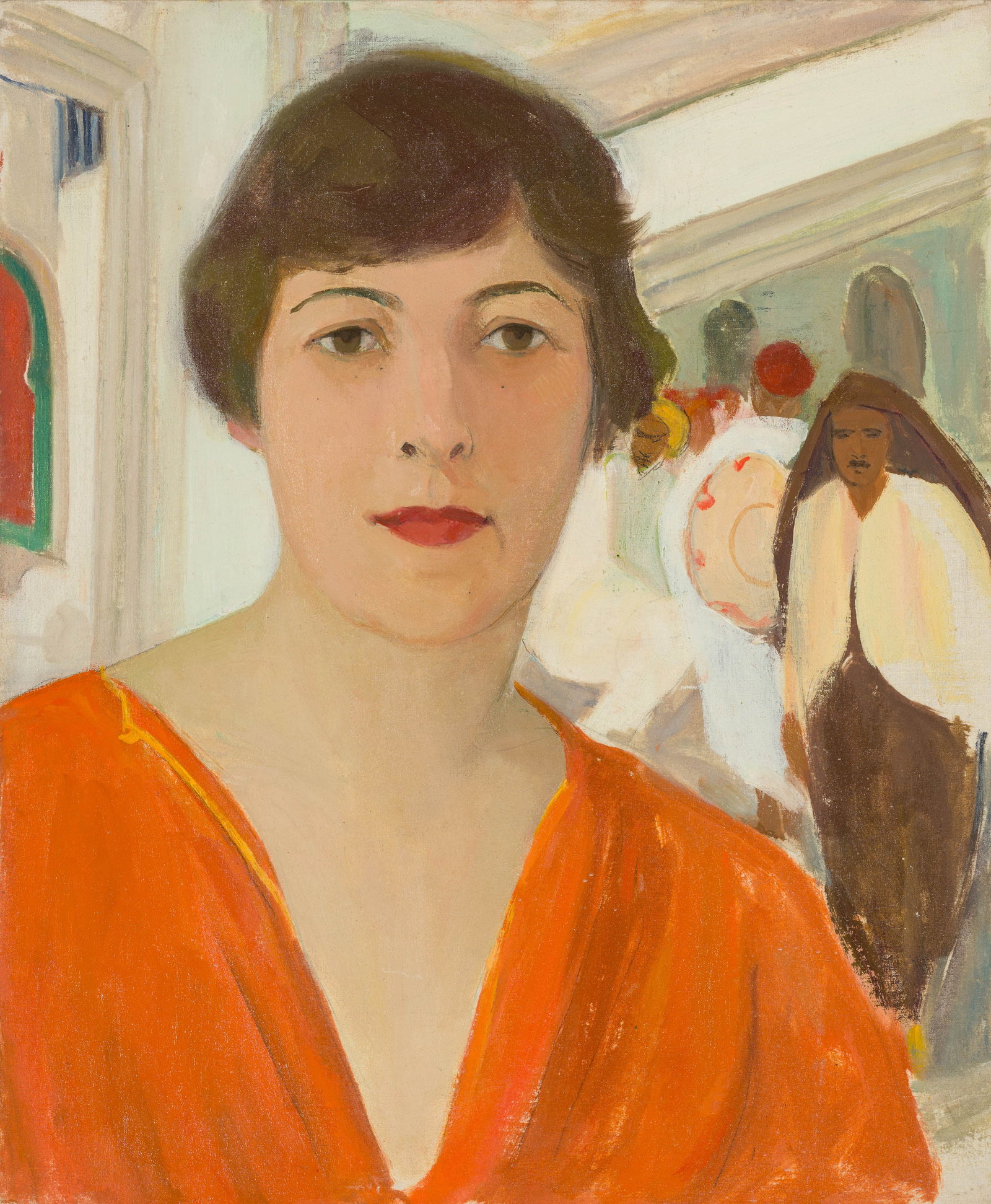 Eda Sterchi Untitled (Self-Portrait in Orange): Eda Sterchi (American, 1885-1969) Untitled (Self-Portrait in Orange) Oil and pencil on canvas mounted on board 18 x 15 (in) Unsigned