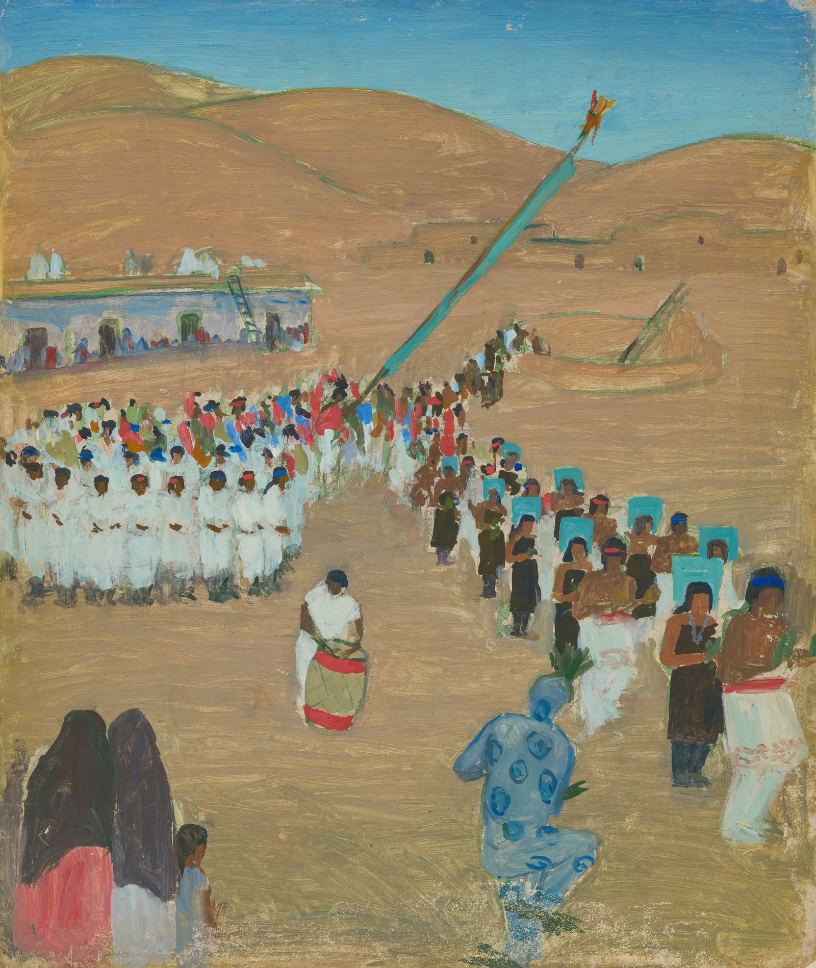 Eda Sterchi Corn Dance - Santo Domingo, New Mexico: Eda Sterchi (American, 1885-1969) Corn Dance - Santo Domingo, New Mexico Oil on board 18 x 15 (in) Signed in pencil Eda Sterchi, verso Partial signature in pencil, lower right. Titled with artist's no