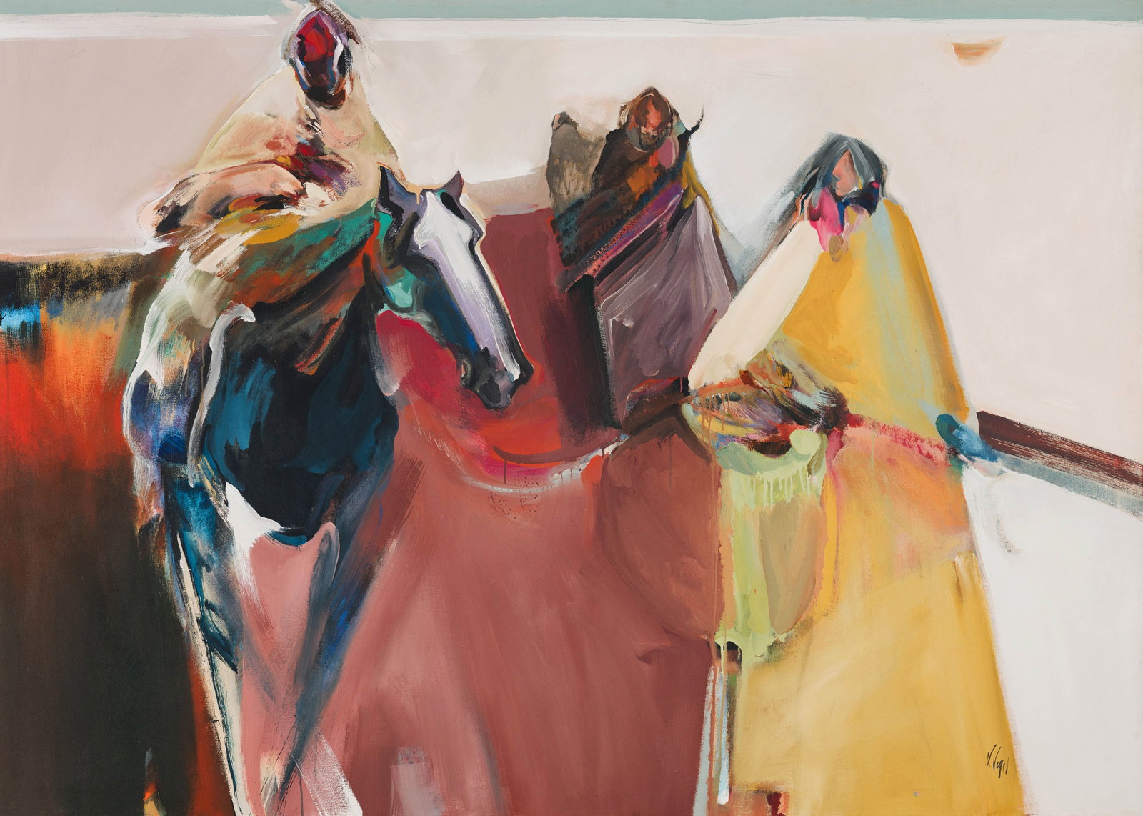 Veloy Vigil Walking Yellow Robe: Veloy Vigil (American, 1931-1997) Walking Yellow Robe Acrylic on canvas 68 x 96 (in) 69.25 x 97.25 x 1.75 (in) Framed Signed V. Vigil, lower right Suzanne Brown Gallery tag, verso. Provenance: Collect