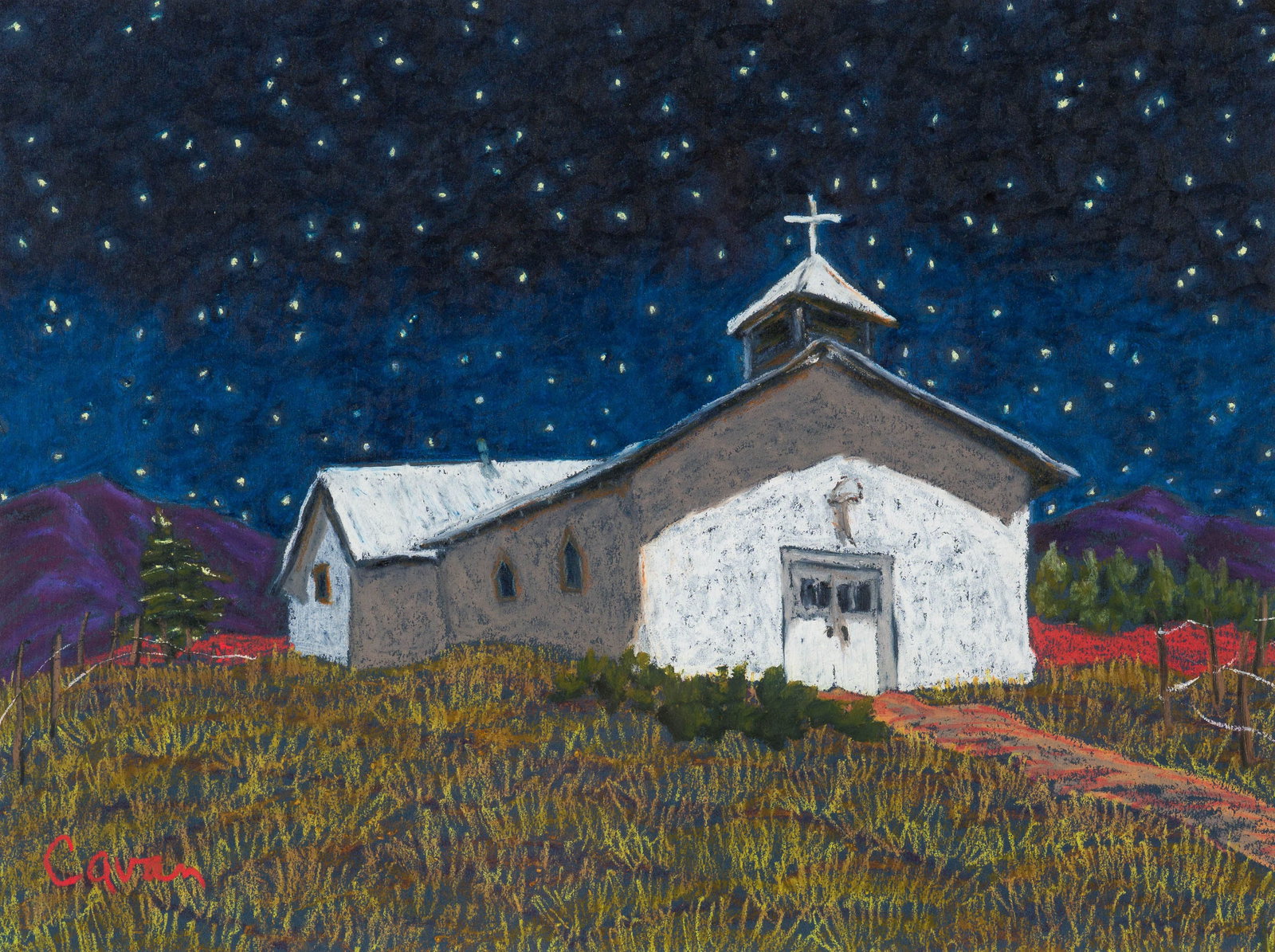 Jennifer Cavan Chapel off 518 at Midnight, 2005: Jennifer Cavan (American, b. 1962) Chapel off 518 at Midnight, 2005 Pastel on paper 12 x 16 (in) 20.25 x 24.25 x 1.5 (in) Framed Signed Cavan, lower left Signed, dated, and titled with artist's busine