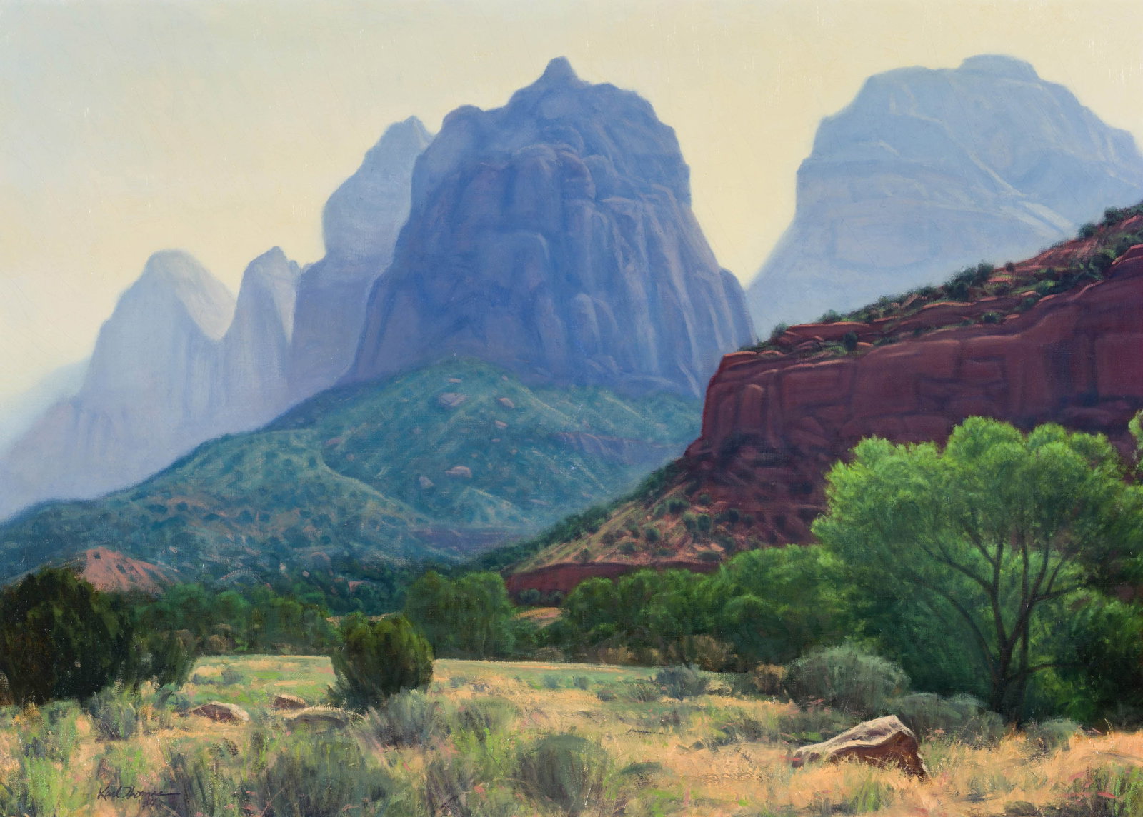 Karl Thomas Morning Mist - Zion Canyon - Utah, 1984: Karl Thomas (American, b. 1948) Morning Mist - Zion Canyon - Utah, 1984 Oil on canvas 30 x 42 (in) 41 x 52.75 x 2.5 (in) Framed Signed and dated Karl Thomas '84, lower left Notation in marker Owners: 