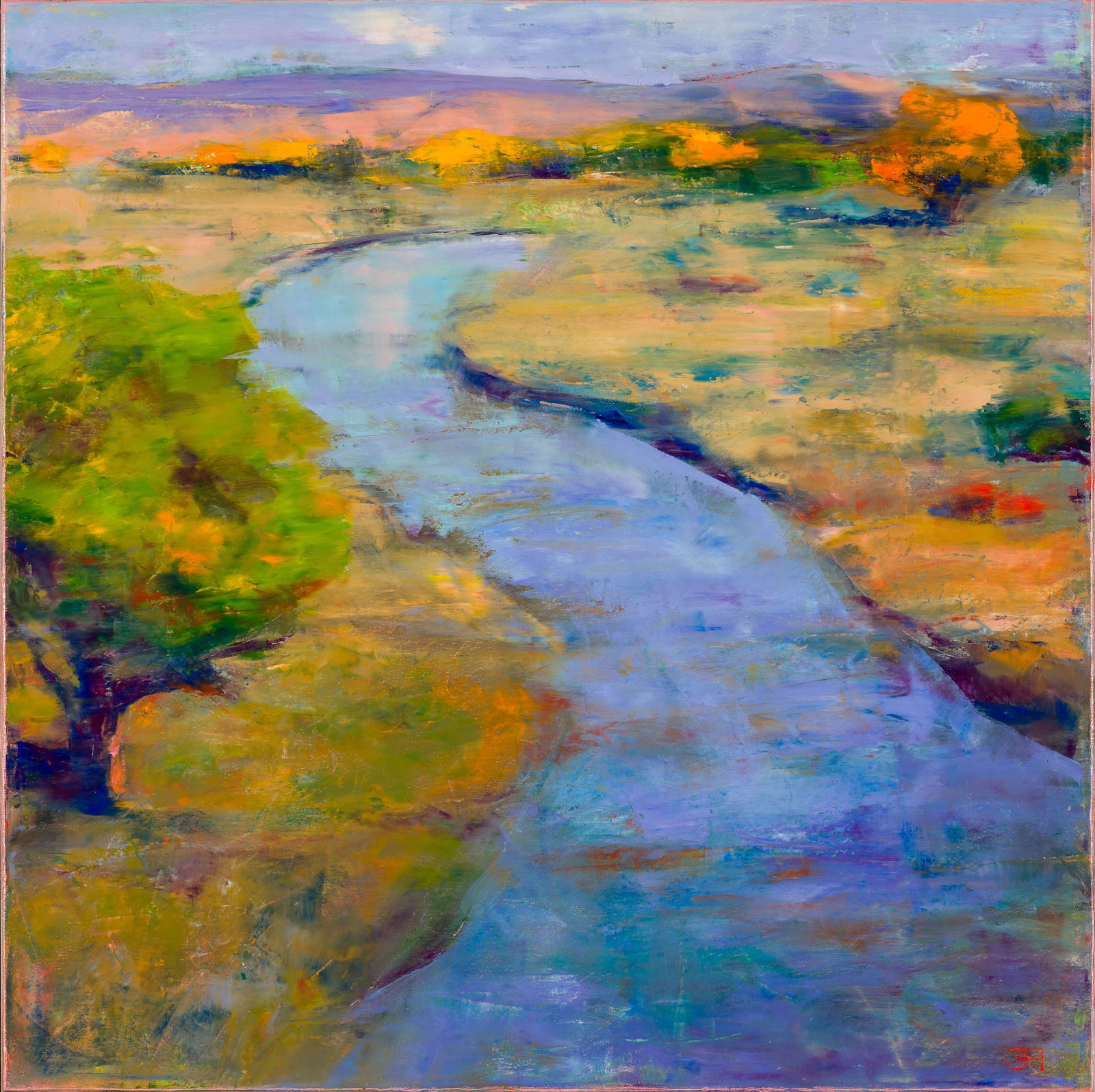 Gregory Frank Harris Río Otoño II, 2019: Gregory Frank Harris (American, b. 1953) Río Otoño II, 2019 Oil on canvas 30 x 30 (in) 32.5 x 32.5 x 2 (in) Framed Initialed GFH, lower right Titled, signed, dated, and located Sf NM, verso.
