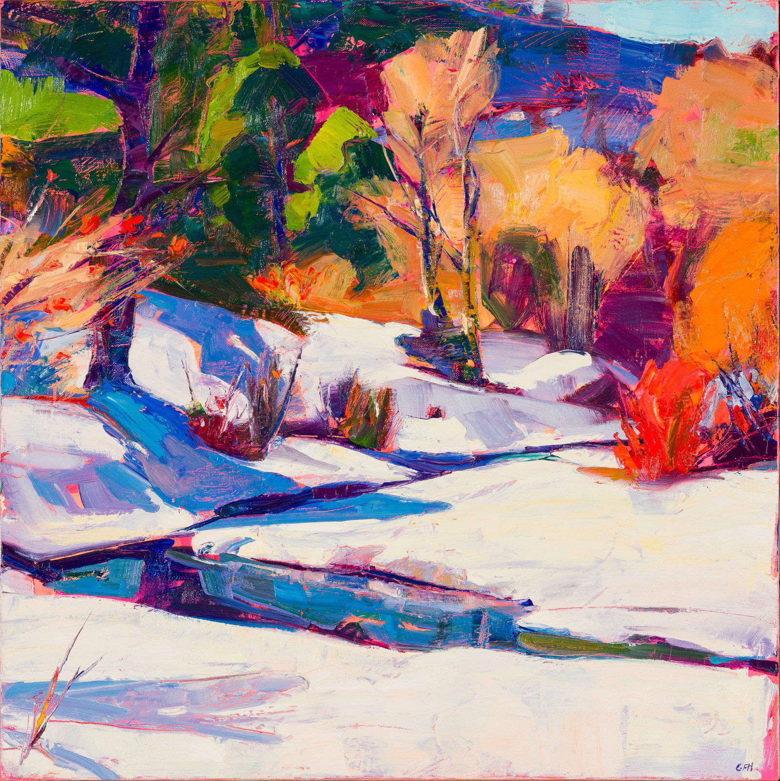 Gregory Frank Harris Winter Whites (Pecos River), 2017: Gregory Frank Harris (American, b. 1953) Winter Whites (Pecos River), 2017 Oil on canvas 24 x 24 (in) 26.5 x 26.5 x 2.25 (in) Framed Initialed GFH, lower right Titled, signed, dated, and located Sf NM