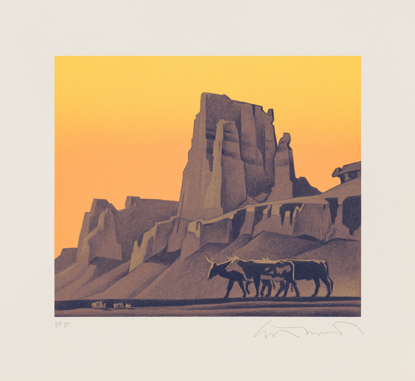 Ed Mell Back Canyon Cattle, from Beyond the Visible Terrain, 1996: Ed Mell (American, 1942-2024) Back Canyon Cattle, from Beyond the Visible Terrain, 1996 Lithograph on paper Printer's Proof from an ed. of 300 10 x 11 (in) Signed in pencil Ed Mell, lower right 