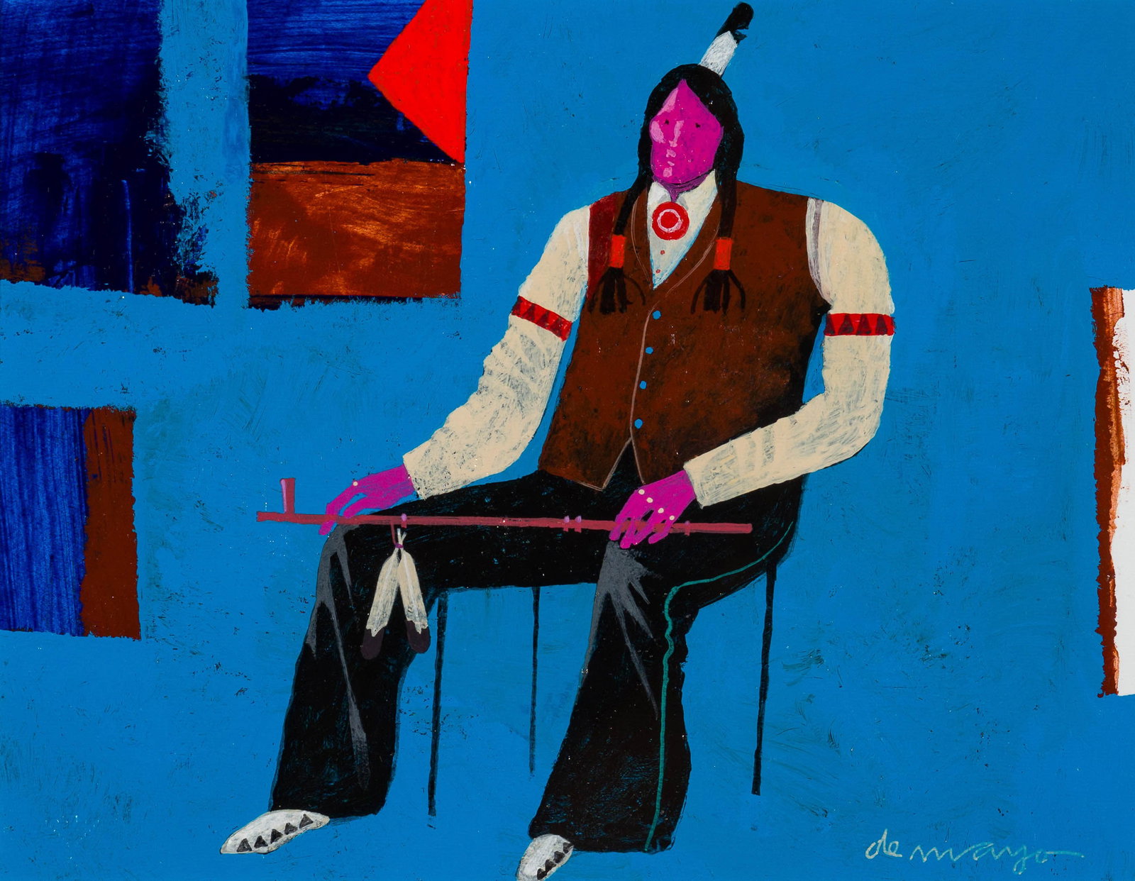 Louis DeMayo Untitled (Indian with Peace Pipe): Louis DeMayo (American, 1926-2016) Untitled (Indian with Peace Pipe) Acrylic on paper 8.25 x 10.5 (in) 19.5 x 22 x 1 (in) Framed Signed demayo, lower right Blind stamp, lower left.