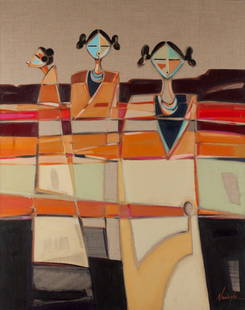 Dan Namingha, "Corn Maidens": Artist: Dan Namingha Native American b. 1950 Title: Corn Maidens Date: n.d. Media: Acrylic on linen Size: 48 x 38 Signed Namingha, lower right