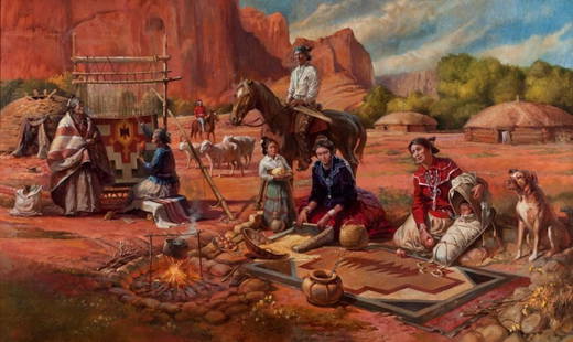 William Ahrendt, "Navajo Family": Artist: William Ahrendt American b. 1933 Title: Navajo Family Date: n.d. Media: Oil on canvas Size: 30 x 50 Signed © William Ahrendt, lower left