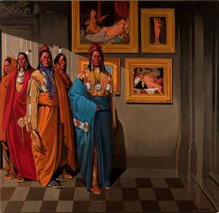 Walt Wooten, "Visit to the Louvre XII": Artist: Walt Wooten Native American b. 1939 Title: Visit to the Louvre XII Date: 2004 Media: Oil on canvas Size: 57.5 x 60 Signed Wooten, lower right Exhibited: January 2004 –