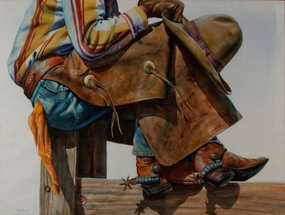 Nelson Boren, "Cowboy on Post": Artist: Nelson Boren American b. 1952 Title: Cowboy on Post Date: n.d. Media: Watercolor on paper Size: 44 x 59 Signed Nelson Boren NB, lower left