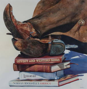 Nelson Boren, "Boots on Books": Artist: Nelson Boren American b. 1952 Title: Boots on Books Date: n.d. Media: Watercolor on paper Size: 44 x 43 Signed Nelson Boren NB, lower right