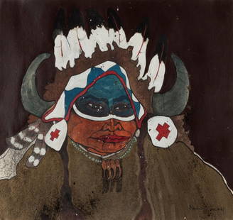 Kevin Red Star, "Too Much Buffalo": Artist: Kevin Red Star American b. 1943 Title: Too Much Buffalo Date: 1977 Media: Mixed media on paper Size: 18 x 23.5 Signed Kevin Red Star 1977, lower right