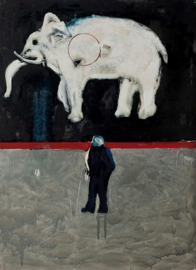 James Davis, "Elephant Walk": Artist: James Davis American b. 1931 Title: Elephant Walk Date: 1987 Media: Oil on paper mounted on board Size: 30 x 22 Signed James G. Davis 1987, lower right