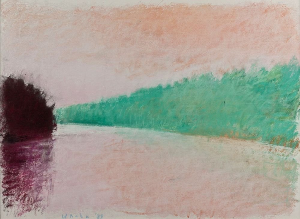 Wolf Kahn, "Pink and Green on the River": Artist: Wolf Kahn American / German b. 1927 Title: Pink and Green on the River Date: 1989 Media: Pastel on paper Size: 22 x 30 Signed W Kahn 89, lower left