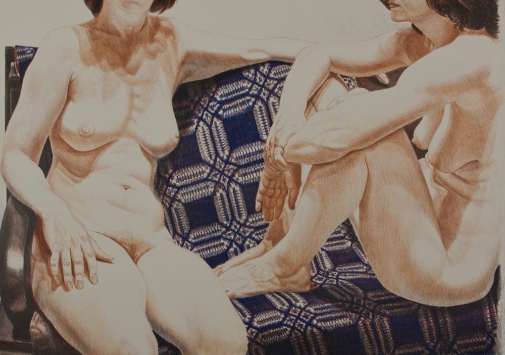 Philip Pearlstein, "Two Nudes on Blue Coverlet": Artist: Phillip Pearlstein American b. 1924 Title: Two Nudes on Blue Coverlet Date: 1977 Media: Lithograph Edition: ed. 42 of 65 Size: 27.75 x 39.5 Signed Philip Pearlstein 1