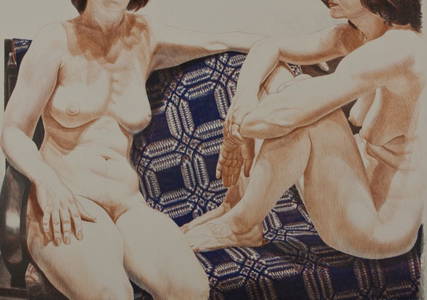 Philip Pearlstein, "Two Nudes on Blue Coverlet"