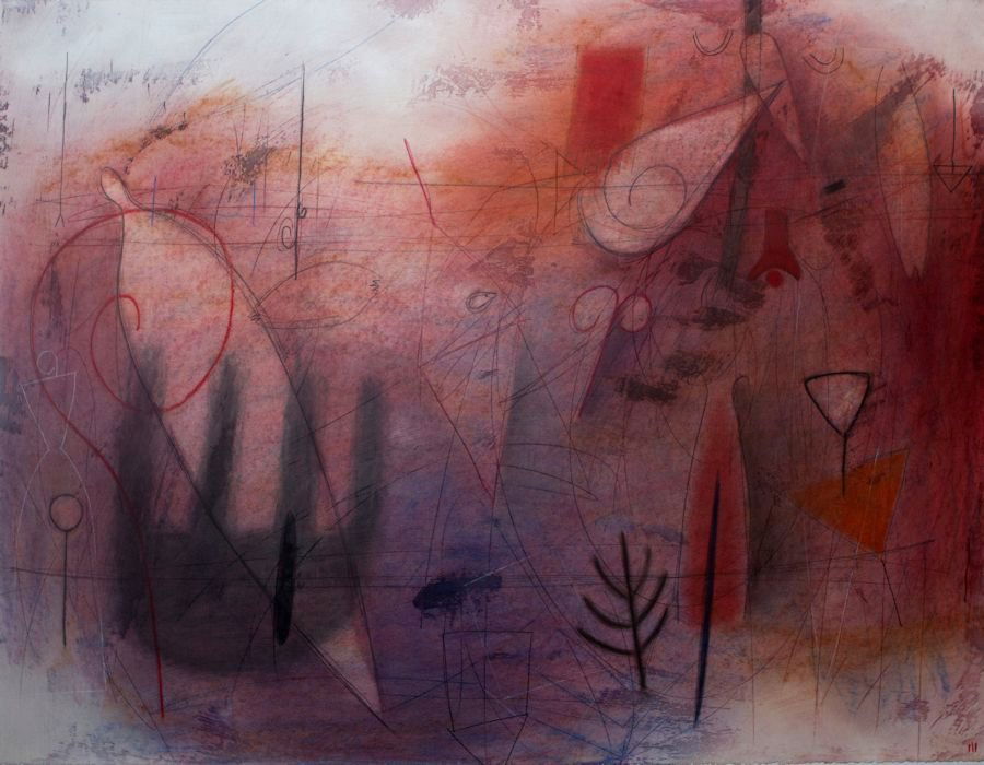 Emmi Whitehorse, # 835 Amusement: Emmi Whitehorse (American, b. 1956) # 835 Amusement Mixed media on paper mounted on canvas 41 in x 53 in Signed III, lower right and Emmi Whitehorse, verso