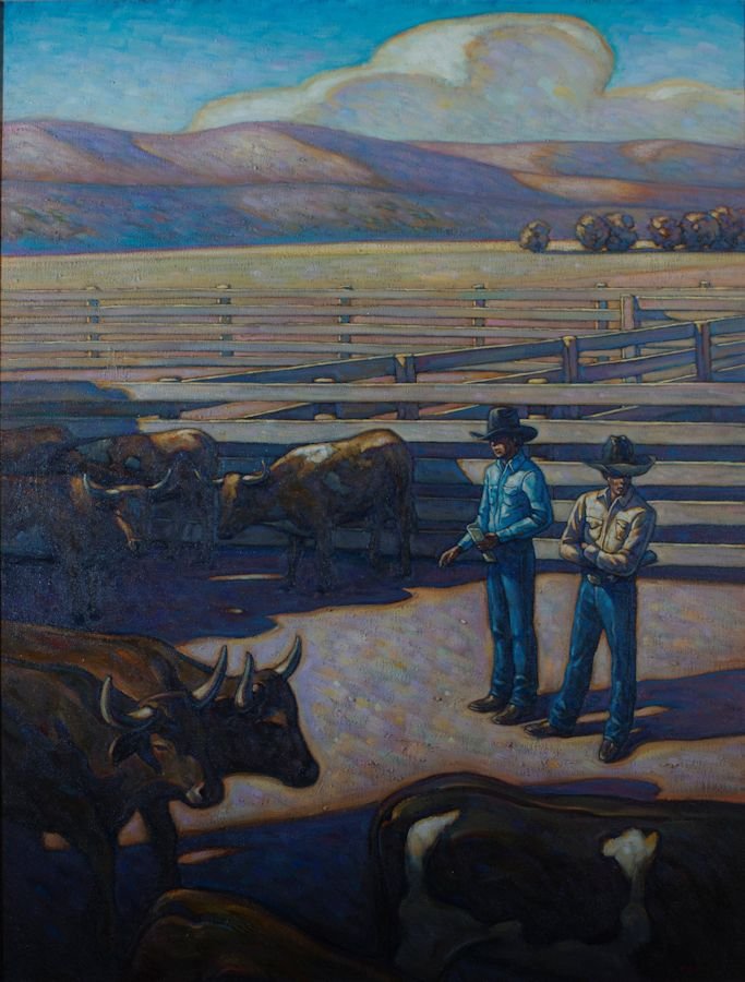 Howard Post, Sorting Pen with a Shade Tree: Howard Post (American, b. 1948) Sorting Pen with a Shade Tree Oil on canvas 61.5 in x 48 in Signed HE Post, lower right