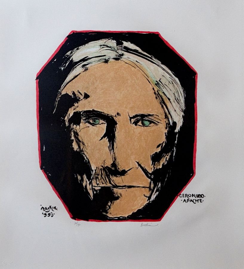 Leonard Baskin, Geronimo Apache: Leonard Baskin (American, 1922-2000) Geronimo Apache Lithograph ed. 30 of 50 23.5 in x 20 in Signed Baskin in pencil, lower right