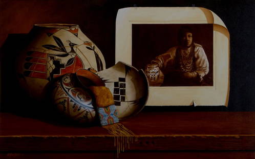 Chuck Sabatino 'Isleta Pottery Painter': Chuck Sabatino (American, b. 1935) 'Isleta Pottery Painter' Oil on canvas , 30 x 48 (in). Signed Sabatino ©, lower left.