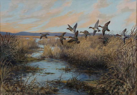 Roland H Clark 'Currituck Teal': Roland H Clark (American, 1874â€“1957) 'Currituck Teal' Oil on canvas , 21 x 30 (in). Signed Roland Clark, lower left.