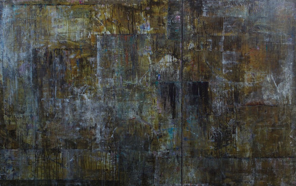 Hilario Gutierrez 'Seventh City (diptych)': Hilario Gutierrez (American, b. 1950) 'Seventh City (diptych)' Acrylic on canvas mounted on board , 48 x 78 (in). Signed Hilario Gutierrez, verso.