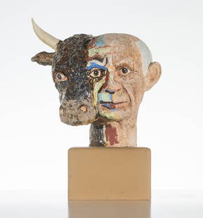 Noi Volkov (Russian, b. 1947) 'Picasso and Bull Head': Noi Volkov (Russian, b. 1947) 'Picasso and Bull Head' 2003 Ceramic on wood base; 21.25 x 15.5 x 11 (in) Signed and dated Noi Volkov - 03, lower right side of sculpture