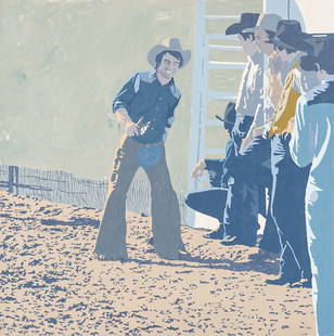 Bill Schenck (American, b. 1947) 'Bullriders': Bill Schenck (American, b. 1947) 'Bullriders' 1976 Oil on canvas; 50.5 x 50.5 (in) Signed and dated Schenck Dec 76, verso