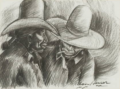 Allan Houser (American, 1914-1994) 'Exchanging Stories': Allan Houser (American, 1914-1994) 'Exchanging Stories',1976 Charcoal on paper ; 17.5 x 23.5 (in) Signed in charcoal Allan Houser, lower right