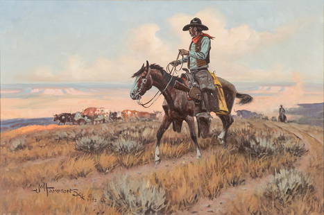 John Wade Hampton (American, 1918-2000) 'On the Cattle: John Wade Hampton (American, 1918-2000) 'On the Cattle Trail' 1972 Oil on canvas ; 24 x 36 (in) Signed and dated JW Hampton © 1972 CA, lower left Signed JW Hampton, verso