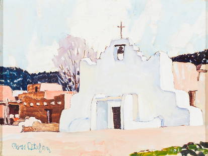 Ross Stefan (American, 1934-1999) 'Nambe Pueblo: Ross Stefan (American, 1934-1999) 'Nambe Pueblo Mission' 1957 Oil on canvas ; 9 x 12 (in) Signed Ross Stefan, lower left and verso