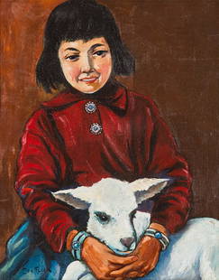 Joseph Fleck (American/Hungarian, 1892-1977) 'Navajo: Joseph Fleck (American/Hungarian, 1892-1977) 'Navajo Girl with Lamb' Oil on board ; 20 x 16 (in) Signed Jos Fleck, lower left